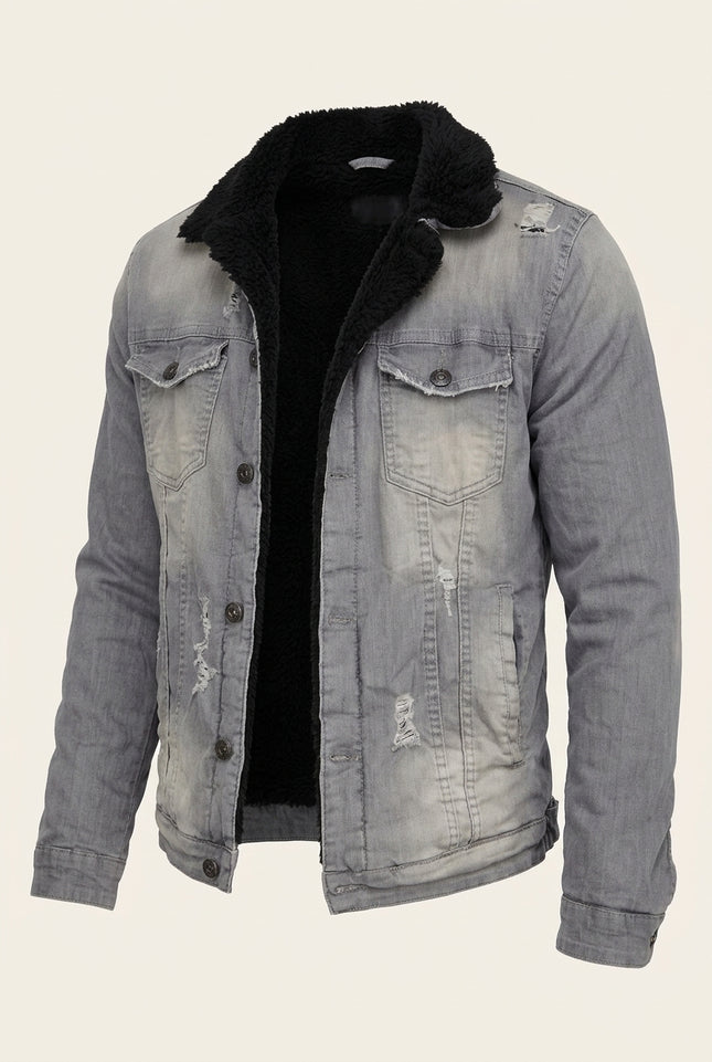 Faux Shearling Lined Denim Jacket - Grey - Front