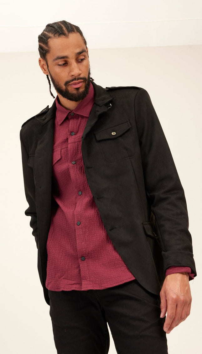 Faux Suede Safari Jacket - Black - Ron Tomson