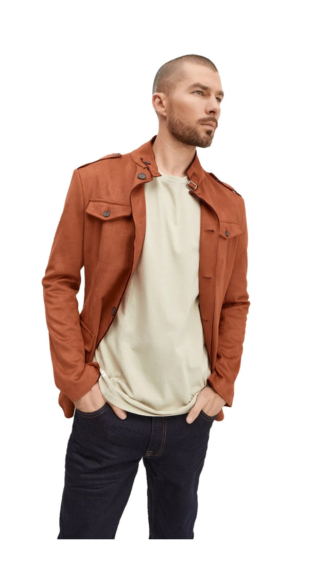 Faux Suede Safari Jacket - Brick Red - Ron Tomson