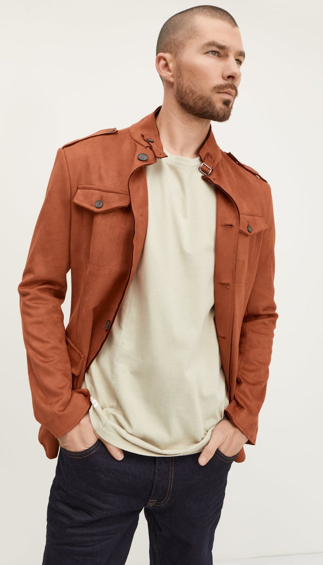 Faux Suede Safari Jacket - Brick Red - Ron Tomson