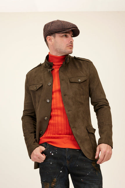 Faux Suede Safari Jacket - Khaki - Ron Tomson