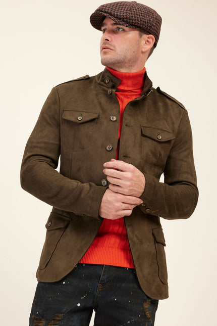 Faux Suede Safari Jacket - Khaki - Ron Tomson