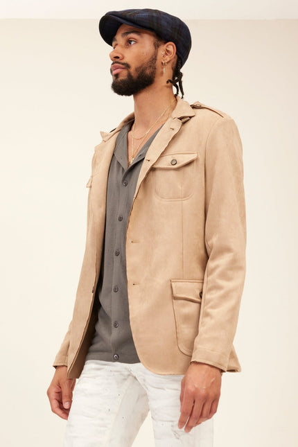 Faux Suede Safari Jacket - Stone - Ron Tomson