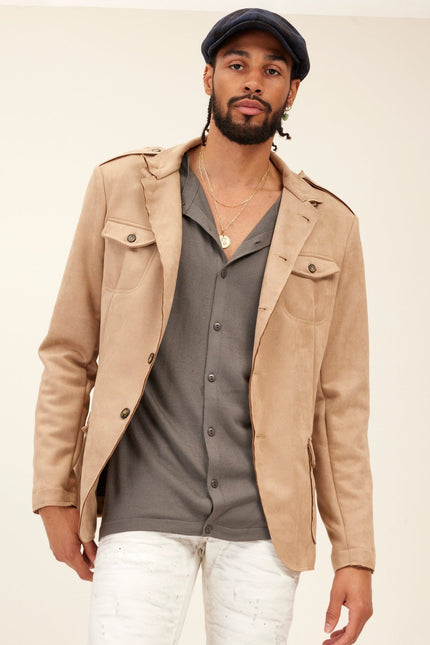 Faux Suede Safari Jacket - Stone - Ron Tomson