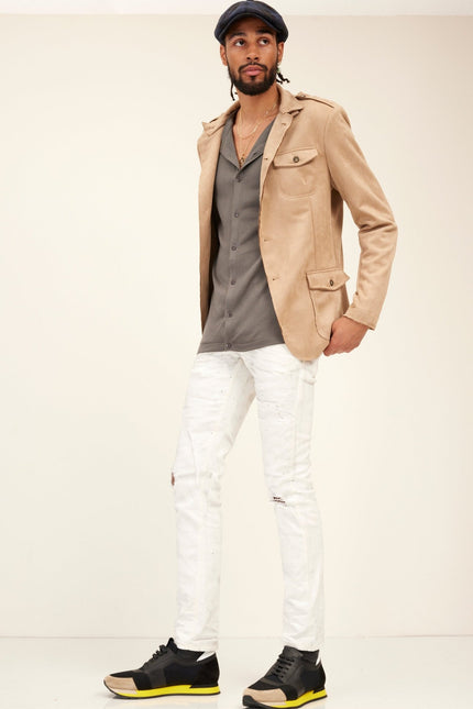 Faux Suede Safari Jacket - Stone - Ron Tomson