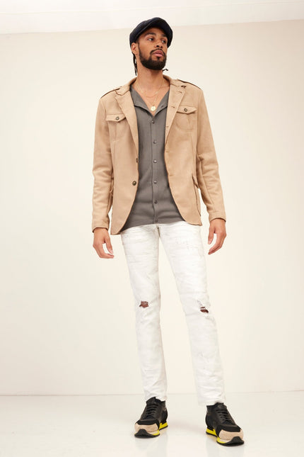 Faux Suede Safari Jacket - Stone - Ron Tomson