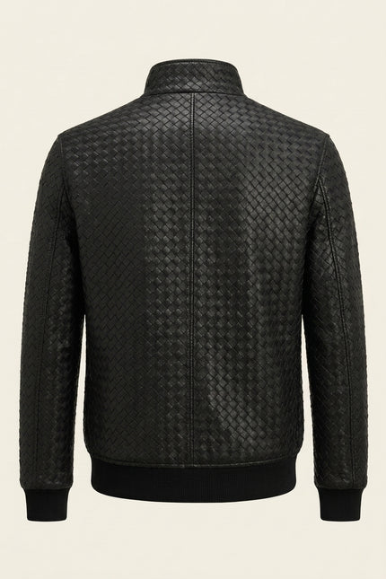 Fettucce Woven Leather Bomber Jacket - Black - Back