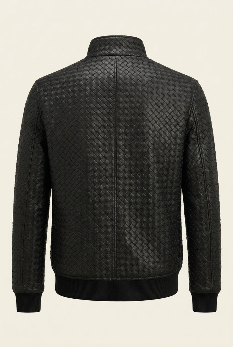 Fettucce Woven Leather Bomber Jacket - Black - Back