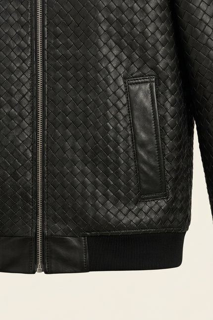 Fettucce Woven Leather Bomber Jacket - Black - Detail