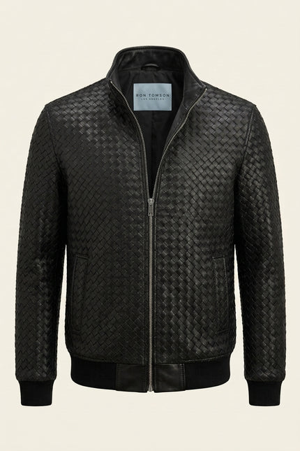 Fettucce Woven Leather Bomber Jacket - Black - Front (Alt)