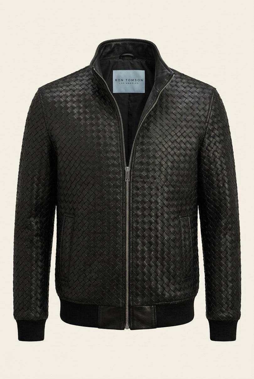 Fettucce Woven Leather Bomber Jacket - Black - Front (Alt)