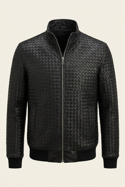 Fettucce Woven Leather Bomber Jacket - Black - Front