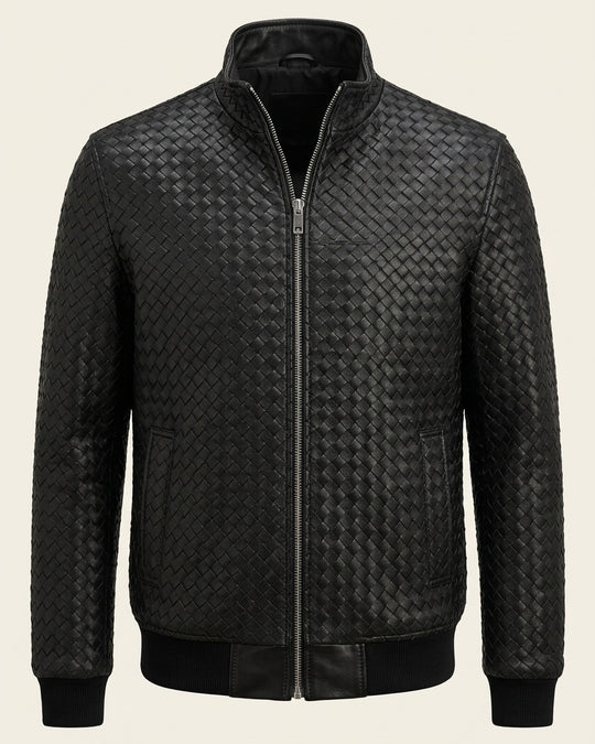 Fettucce Woven Leather Bomber Jacket - Black - Front