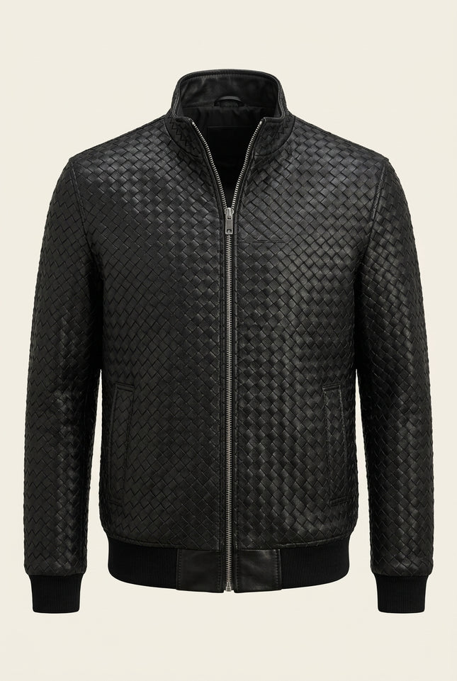Fettucce Woven Leather Bomber Jacket - Black - Front