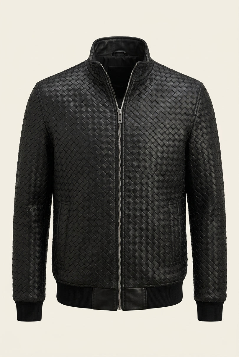 Fettucce Woven Leather Bomber Jacket - Black - Front