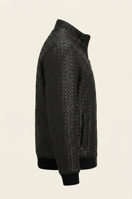 Fettucce Woven Leather Bomber Jacket - Black - Side