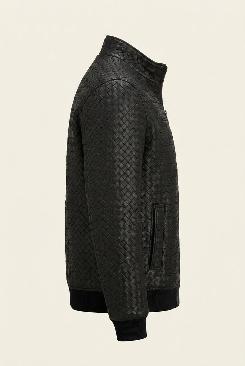 Fettucce Woven Leather Bomber Jacket - Black - Side