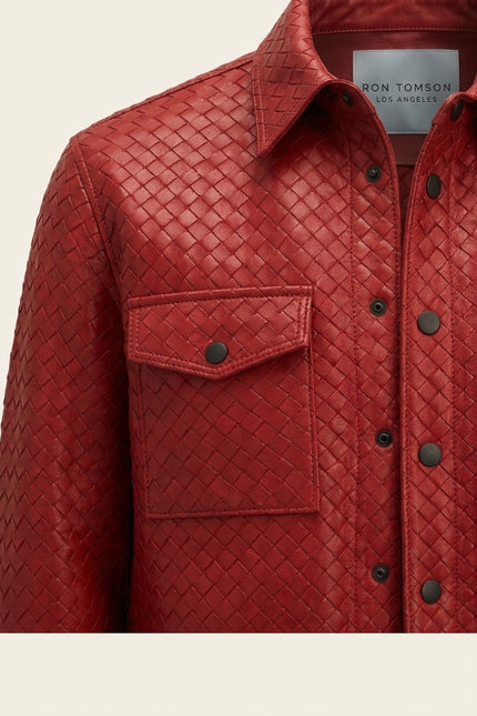 Fettucce Woven Leather Shirt Jacket - Red - Detail