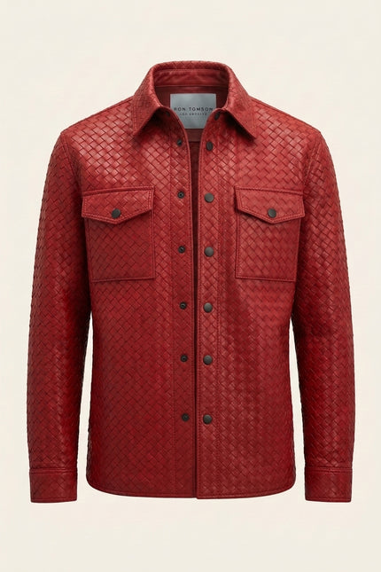 Fettucce Woven Leather Shirt Jacket - Red - Front (Alt)