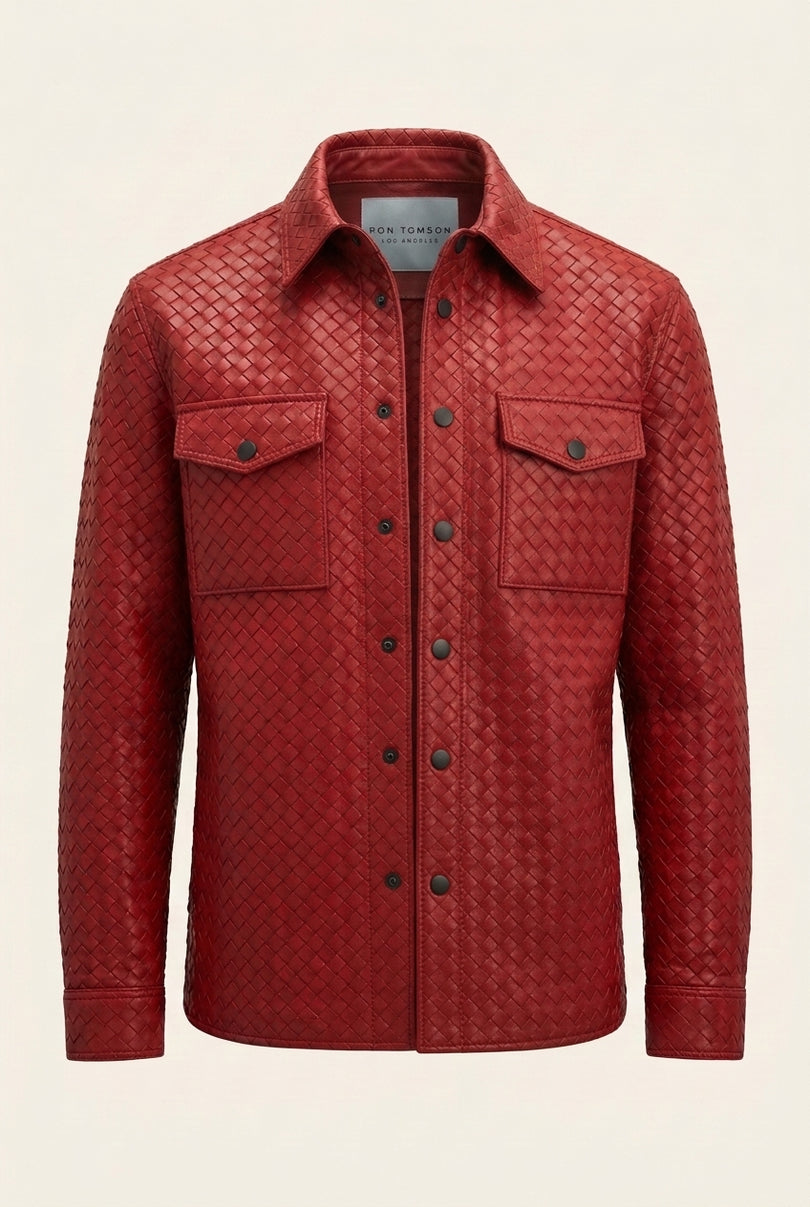 Fettucce Woven Leather Shirt Jacket - Red - Front (Alt)