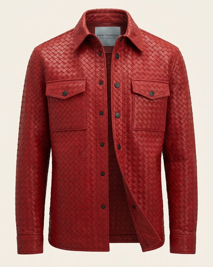 Fettucce Woven Leather Shirt Jacket - Red - Front