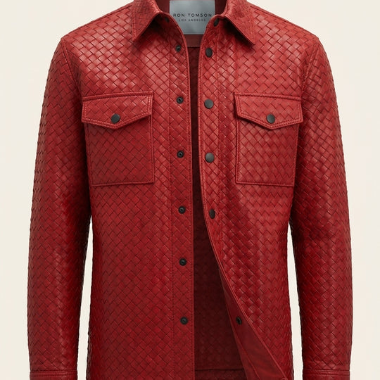 Fettucce Woven Leather Shirt Jacket - Red - Front