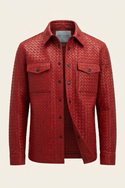 Fettucce Woven Leather Shirt Jacket - Red - Front