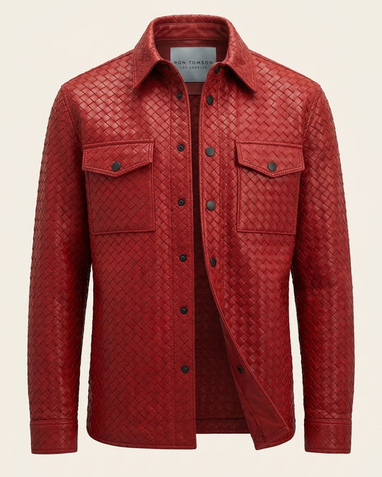 Fettucce Woven Leather Shirt Jacket - Red - Front