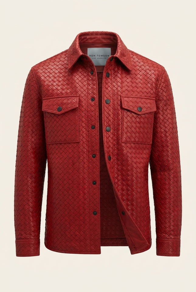 Fettucce Woven Leather Shirt Jacket - Red - Front