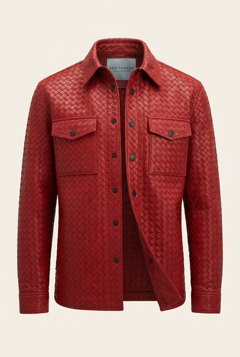 Fettucce Woven Leather Shirt Jacket - Red - Front