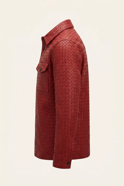 Fettucce Woven Leather Shirt Jacket - Red - Side
