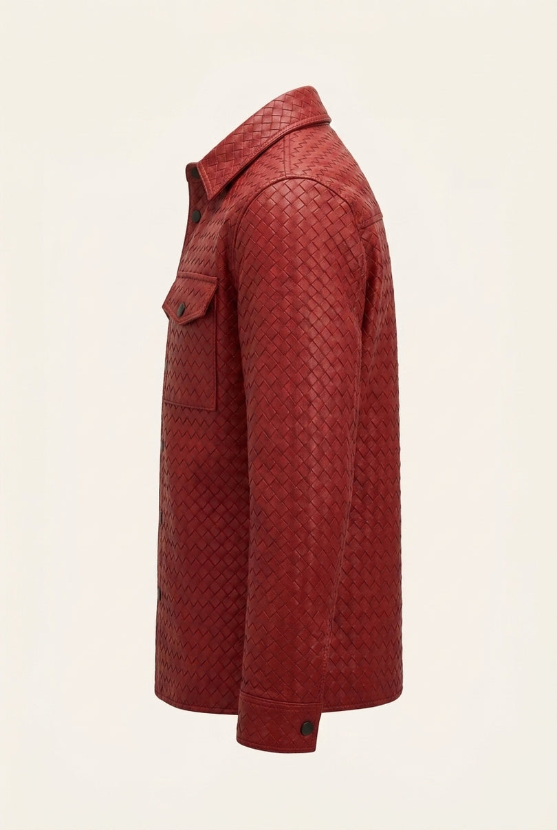 Fettucce Woven Leather Shirt Jacket - Red - Side
