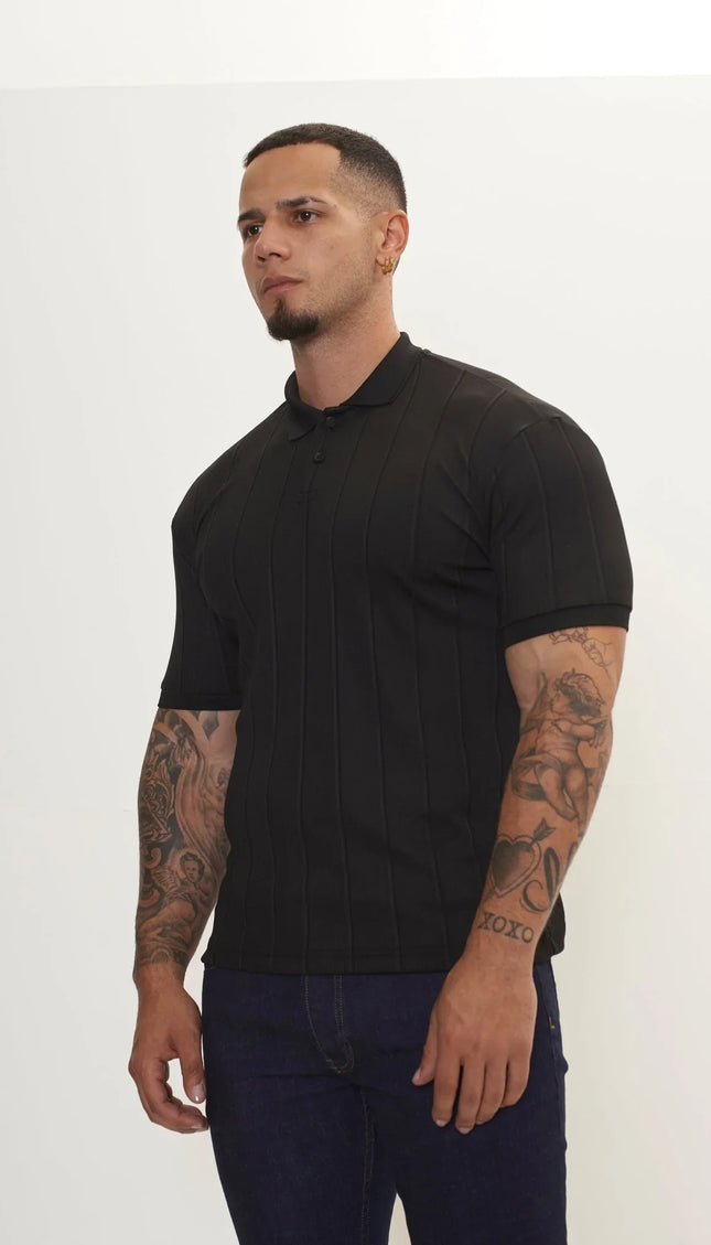 Fine Ribbed Polo Shirt - Black - Ron Tomson