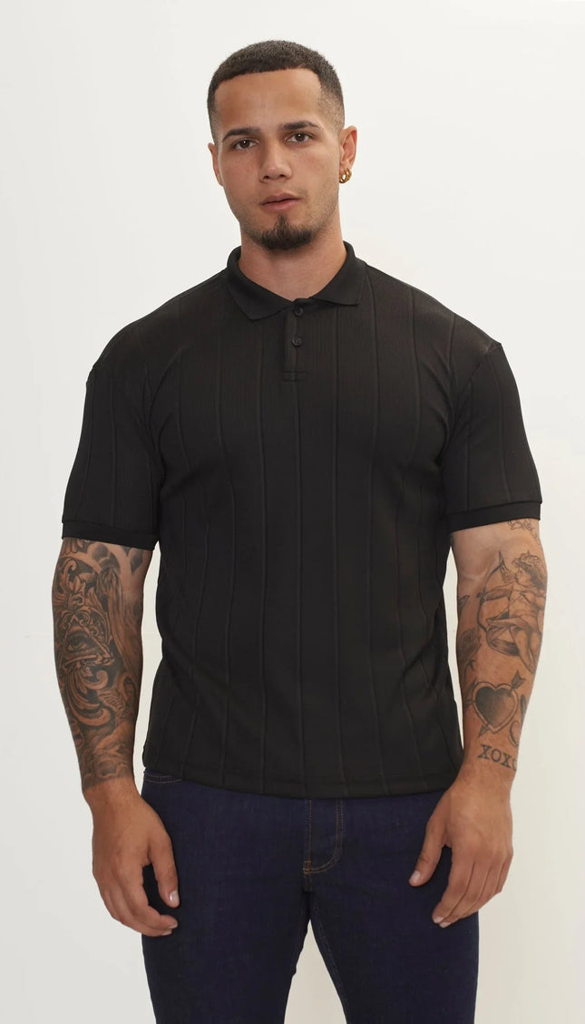 Fine Ribbed Polo Shirt - Black - Ron Tomson