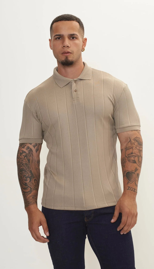 Fine Ribbed Polo Shirt - Dark Beige - Ron Tomson
