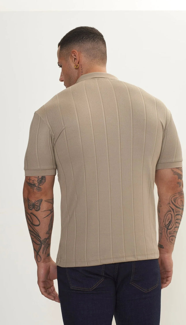 Fine Ribbed Polo Shirt - Dark Beige - Ron Tomson