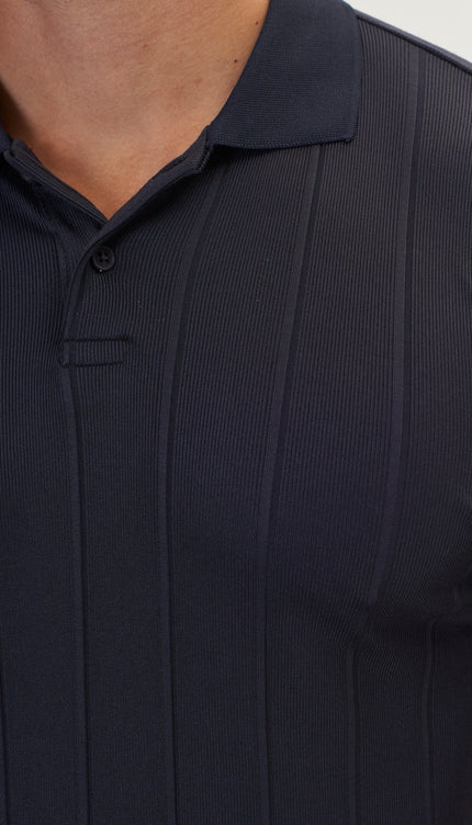 Fine Ribbed Polo Shirt - Navy - Ron Tomson
