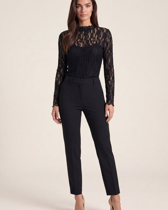 Fitted Floral Lace Top - Black - front view