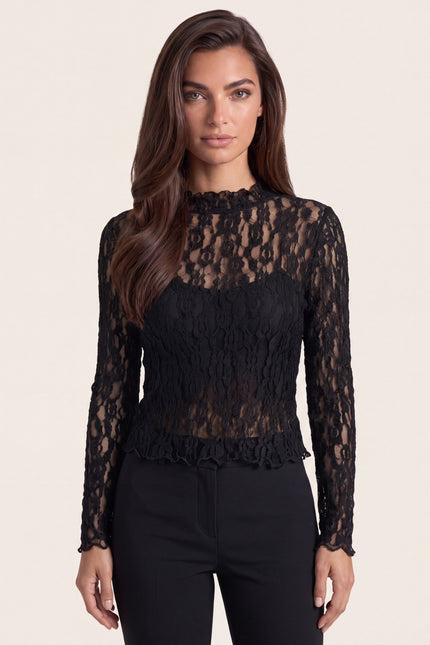 Fitted Floral Lace Top - Black - macro view