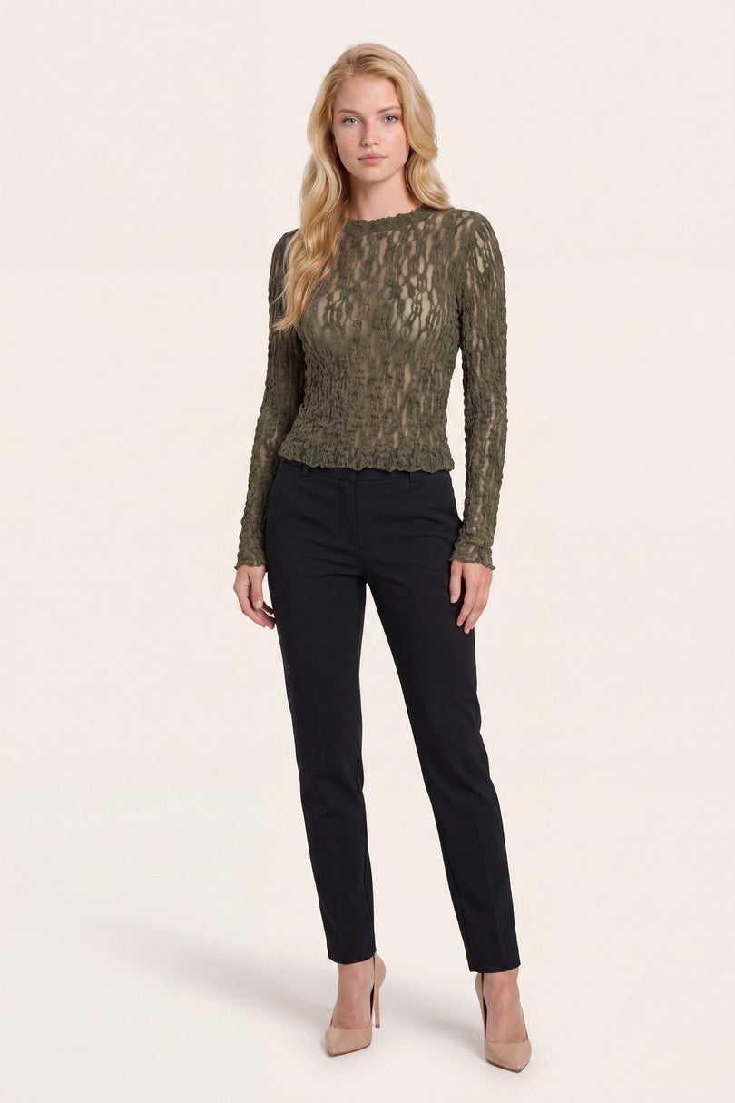 Fitted Floral Lace Top - Olive - front view
