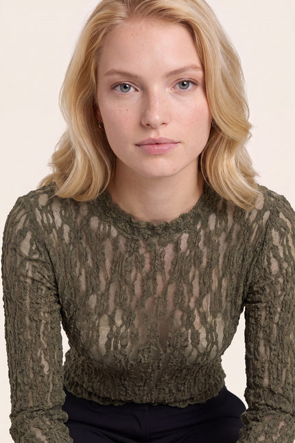 Fitted Floral Lace Top - Olive - macro view