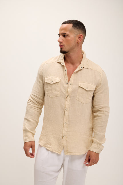 Fitted Snap Western Linen Shirt - Beige - Ron Tomson