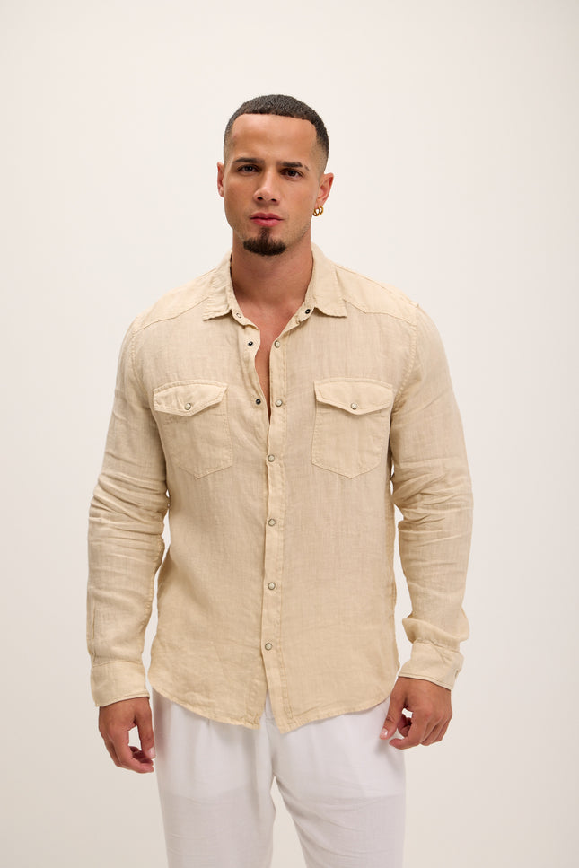 Fitted Snap Western Linen Shirt - Beige - Ron Tomson
