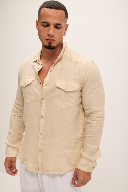 Fitted Snap Western Linen Shirt - Beige - Ron Tomson