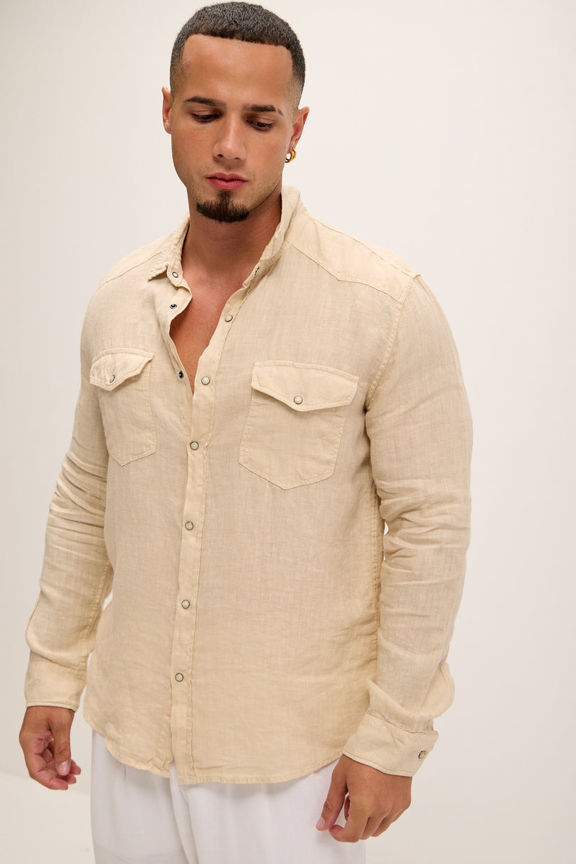 Fitted Snap Western Linen Shirt - Beige - Ron Tomson