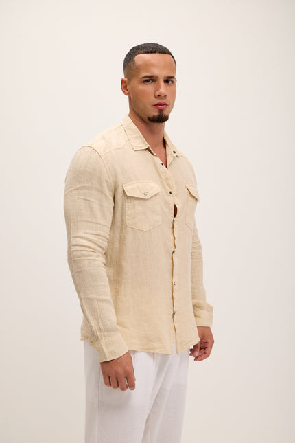 Fitted Snap Western Linen Shirt - Beige - Ron Tomson