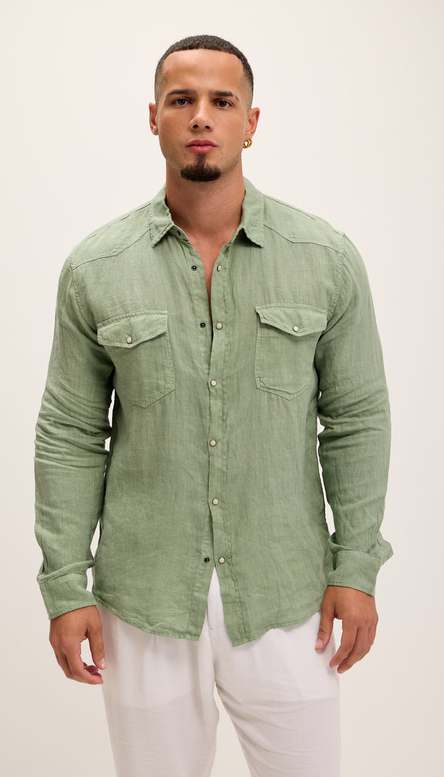 Fitted Snap Western Linen Shirt - Light Green - Ron Tomson