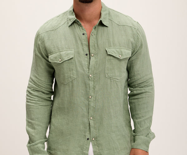 chinese dress ladies Fitted Snap Western Linen Shirt - Light Green