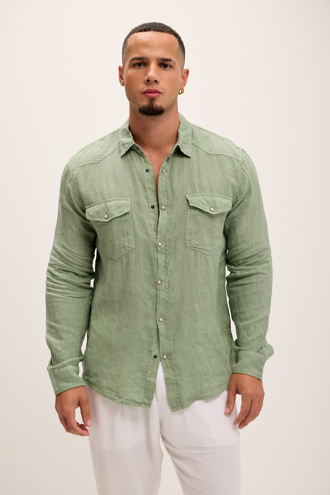 Fitted Snap Western Linen Shirt - Light Green - Ron Tomson