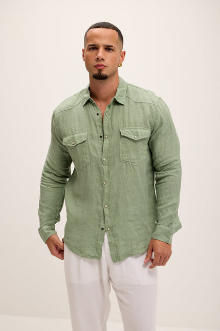 Fitted Snap Western Linen Shirt - Light Green - Ron Tomson